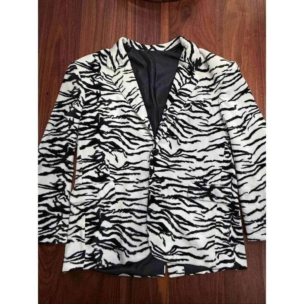 Vintage Griffin Melbourne Men's Black White Zebra Print Fleece Blazer Size 2XL